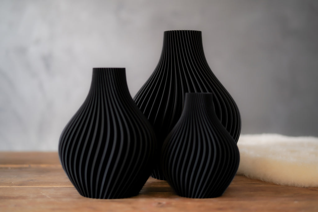 Obsidian | Set | Charcoal Black | 3D Printed Design Vase